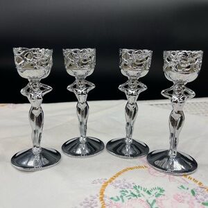 Set of 4! Vintage, Art Deco, Lady Chrome Silver Sculpted Candle Holders